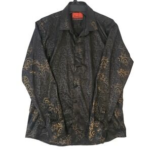 Montero Mens Black Gold Paisley Damask Jacquard Long Sleeve Button Up Shirt L